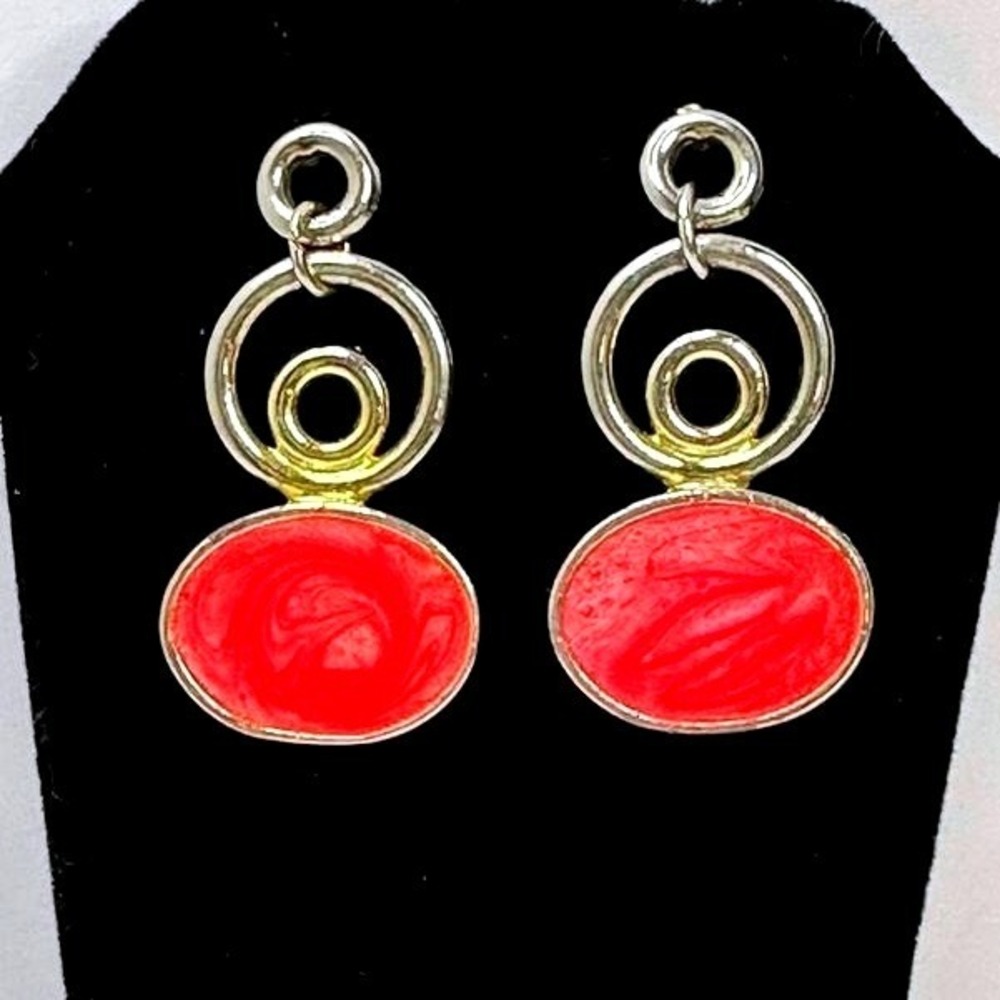 Red Oval Dangle Earrings Silver Tone Statement Jewelry‎